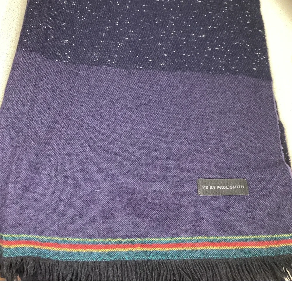 PS by Paul Smith Mens Navy Blue Speckled Wool Scarf Italy Fringe Multi Stripe